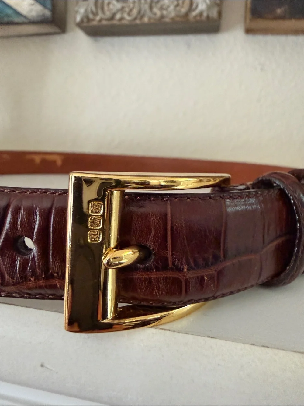 Ralph Lauren Brown Croc Embossed Leather Belt Gold Buckle Size Medium 37